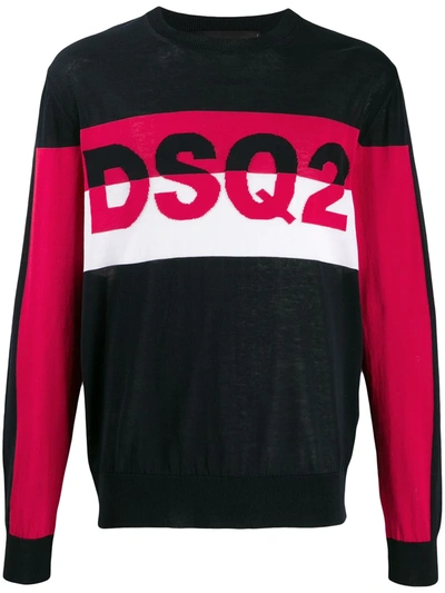Dsquared2 Pullover With Logo Insert In Black White And Red In Dark Blue