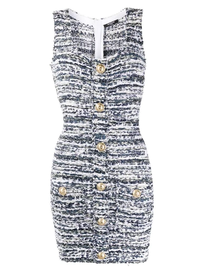 Balmain Buttoned Stretch Tweed Mini Dress In Blue+white