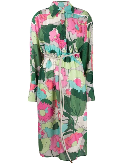 Fendi Long-sleeve Large Floral-print Silk Jacquard Dress In Cedar