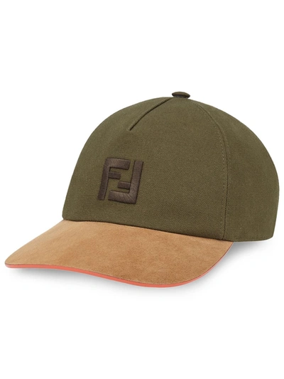 Fendi Ff-embroidered Suede And Canvas Baseball Cap In Green