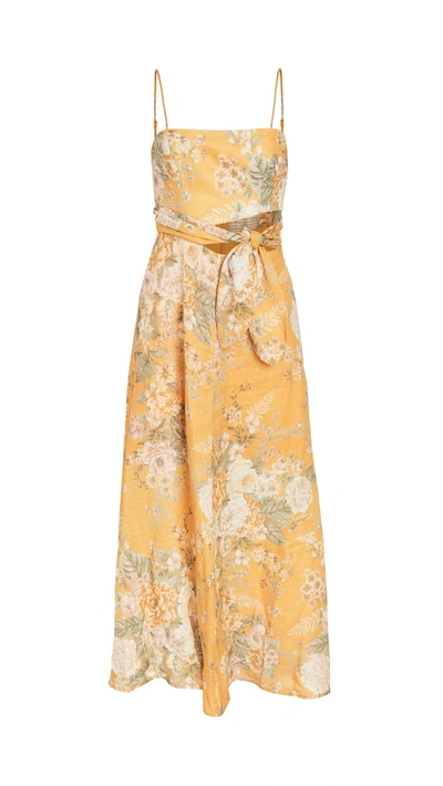 Zimmermann Amelie Floral Tie Linen Midi A-line Dress In Yellow