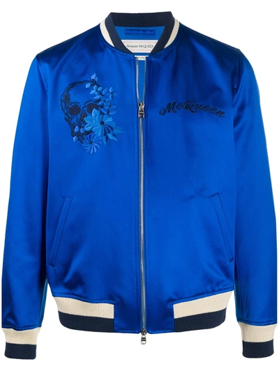 Alexander Mcqueen Skull Embroidered Bomber Jacket In Blue