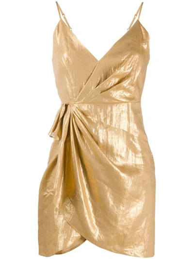 Sandro Wrap-effect Draped Metallic Linen Mini Dress In Gold