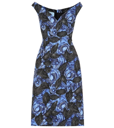 Prada Off-the-shoulder Dark Rose Print Dress In Blue
