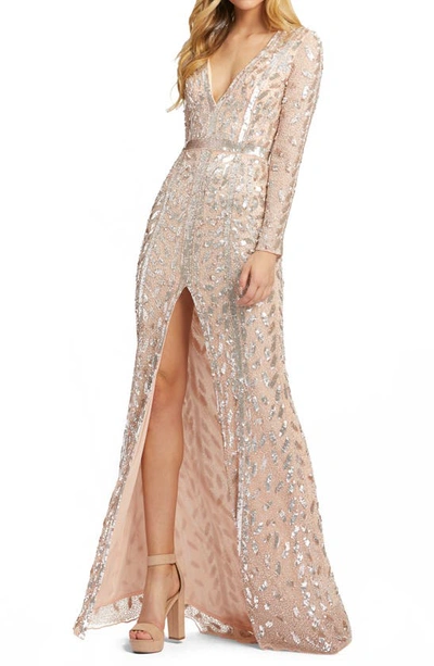 Mac Duggal Embellished Front Slit Long Sleeve Gown In Rose Gold