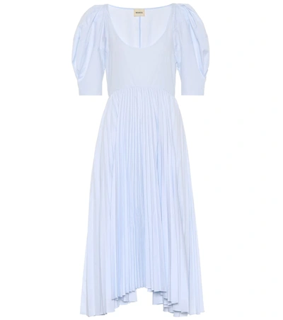 Khaite Caitlin Asymmetric Pleated Cotton-poplin Midi Dress In Lt.blue