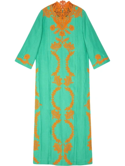 Gucci Women's Linen Long Kaftan Dress With Lace In Green