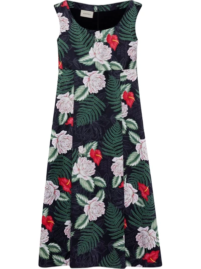 Gucci Hawaiian Print Silk Sleeveless Dress In Black