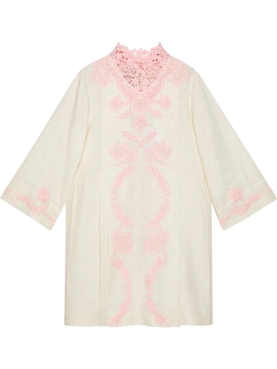 Gucci Women's Linen Short Kaftan Dress With Lace In White
