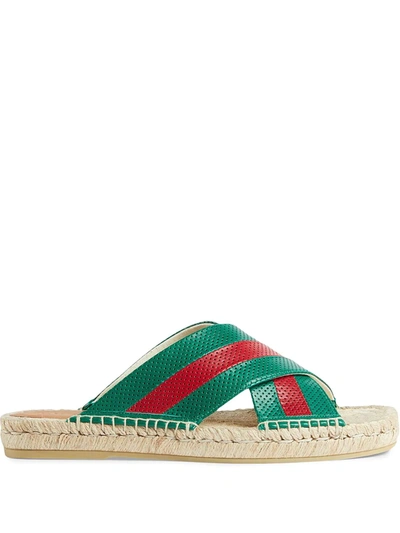 Gucci Men's Leather Slide Sandal With Web In Green