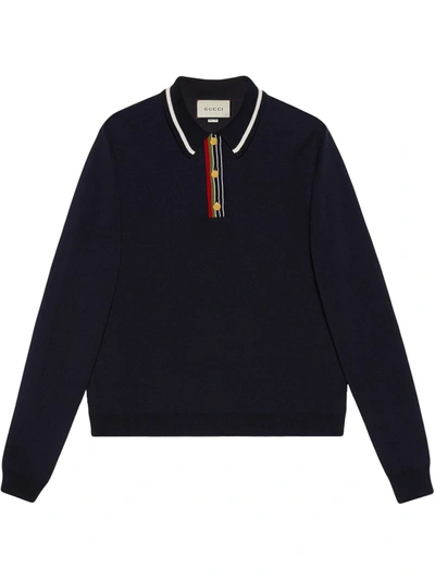 Gucci Web-stripe Long-sleeved Cotton-jersey Polo Shirt In Blue