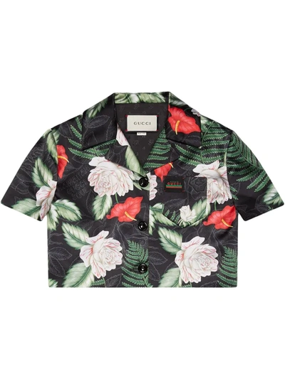 Gucci Hawaiian Print Silk Cropped Jacket In Black