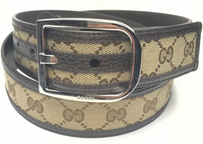 Pre-owned Gucci Belt Gg Supreme Leather 1.5 Width Beige/ebony