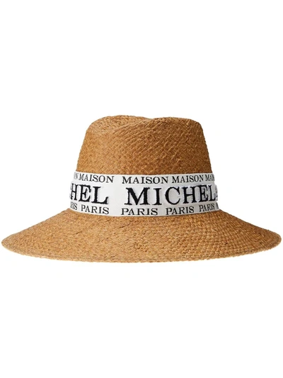 Maison Michel Kate拼色logo帽带编织宽檐帽 In Neutrals