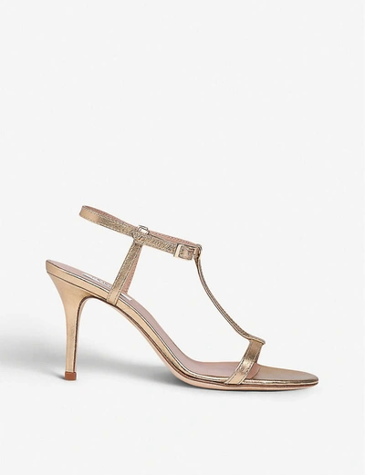 Lk Bennett North T-bar Metallic Leather Heeled Sandals In Gol-soft Gold