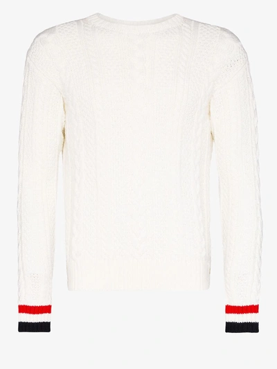 Thom Browne Aran Cable Knit Wool Crewneck Sweater In White