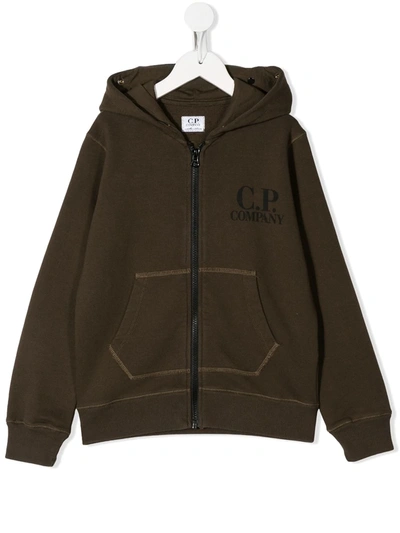 C.p. Company Teen Goggle Insert Zipped Front Hoodie In Green