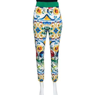 Pre-owned Dolce & Gabbana Majolica Printed Silk Elasticized Waist Skinny Pants L In Multicolor
