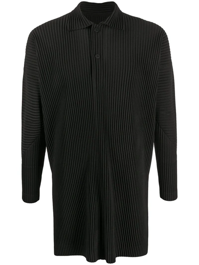 Issey Miyake Pleated Longline Polo Top In Black
