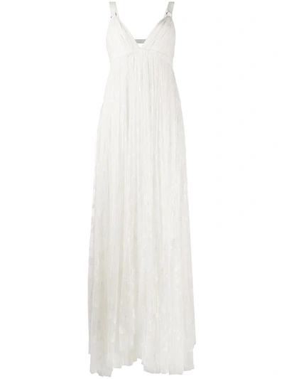 Maria Lucia Hohan V-neck Embroidered Tulle Gown In White