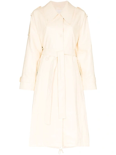 Low Classic Belted Faux Leather Trench Coat In White