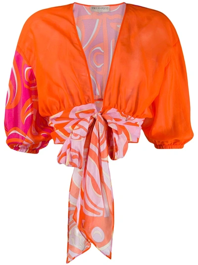 Emilio Pucci Abstract Print Tie Blouse In Orange