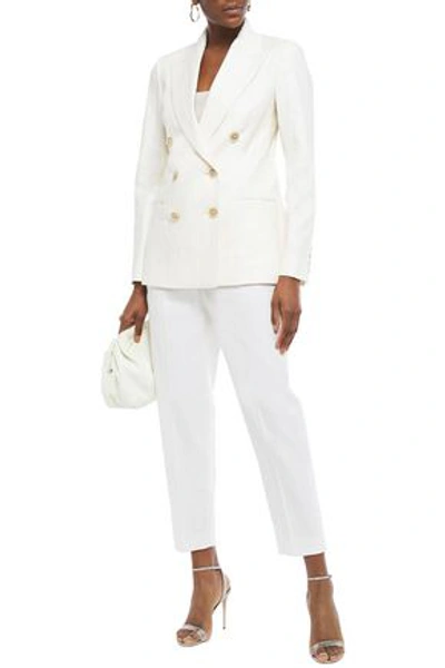 Brunello Cucinelli Double-breasted Embellished Herringbone Cotton-blend Blazer In Ivory