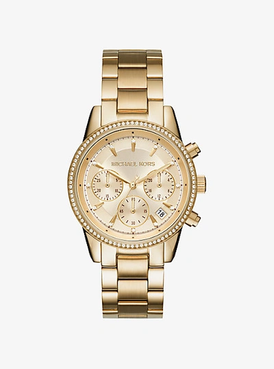 Michael Kors Women's Ritz Studded Yellow Goldtone Stainless Steel Chronograph Bracelet Watch Mk6356