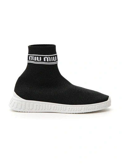 Miu Miu Miu Run Knit High Top Sneakers In Black