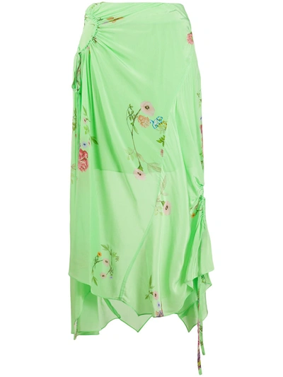 Preen Line Arya Asymmetric Ruched Printed Crepe De Chine Midi Skirt In Green