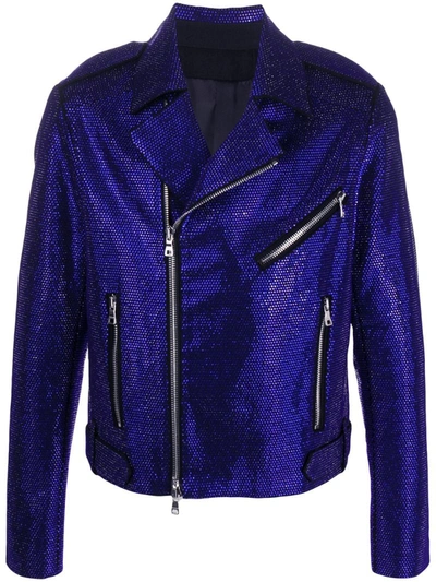 Balmain Rhinestone-embellished Biker Jacket In Blue