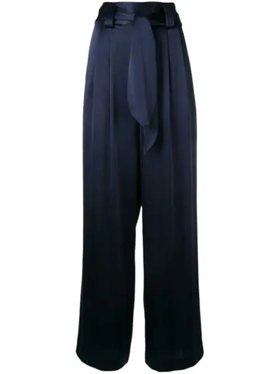 Tory Burch Belted Pleated Satin Wide-leg Trousers In Navy