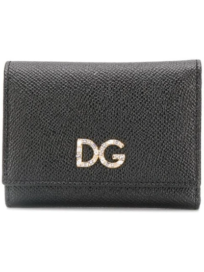 Dolce & Gabbana Black Leather Wallet With Logo In Diamonds