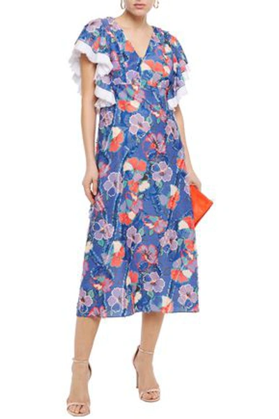 Tory Burch Frayed Ruffled Floral-print Fil Coupé Woven Midi Dress In Blue