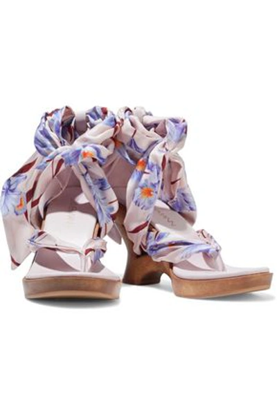 Zimmermann Scarf Tie Floral-print Satin-twill And Leather Wedge Sandals In Lilac