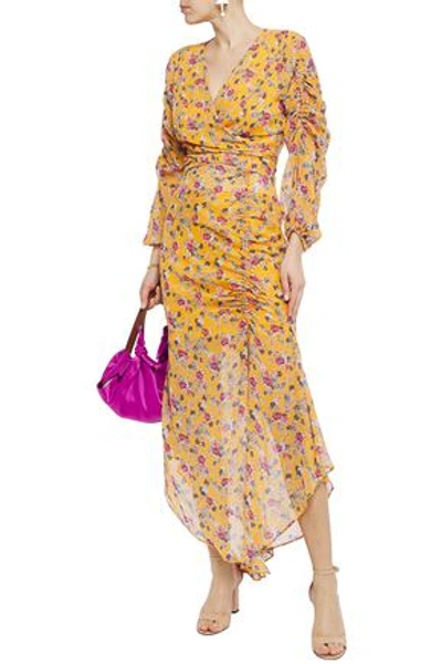 Nicholas Asymmetric Gathered Floral-print Silk-chiffon Midi Skirt In Marigold