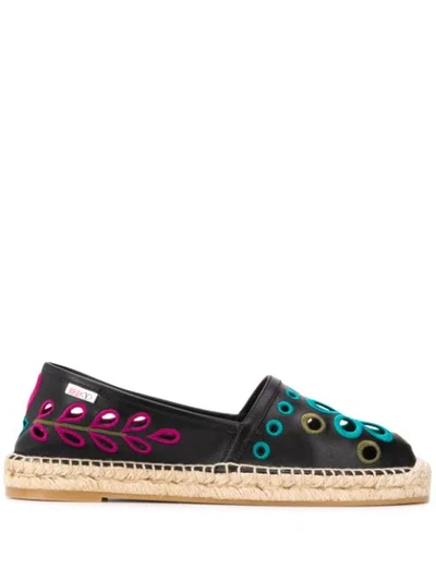 Red Valentino Embroidered Leather Espadrilles In Black