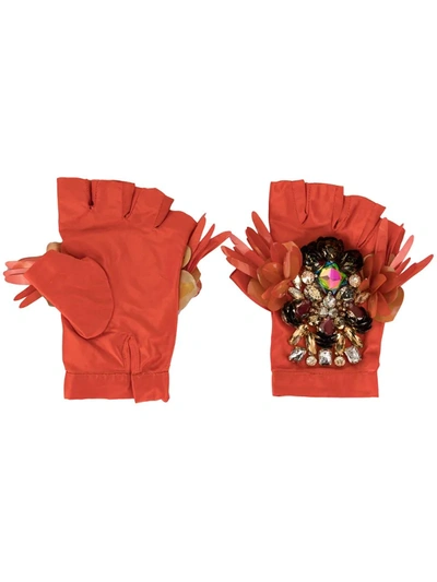 Biyan Embellished Padded Gloves In Orange