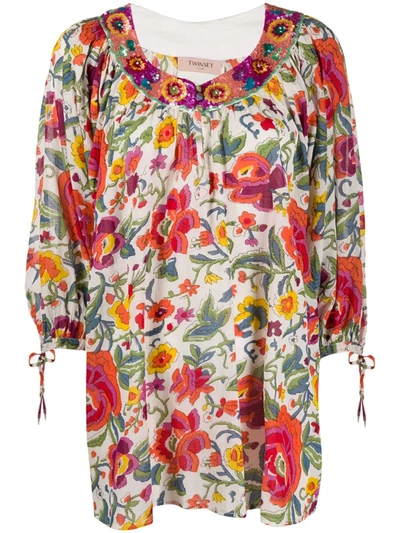Twinset Gathered Floral-print Tunic In Pink