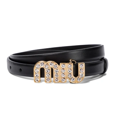 Miu Miu Crystal-embellished Leather Belt In Black