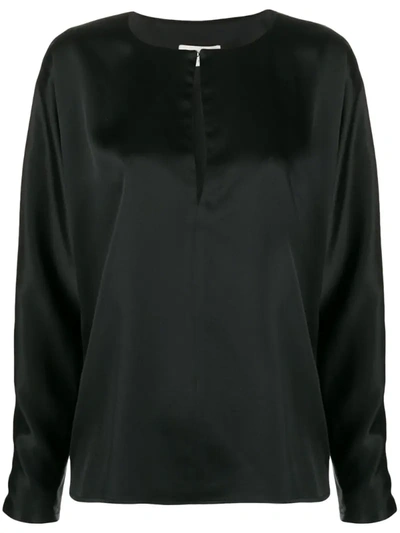 La Collection Silk Key-hole Long Sleeve Blouse In Black