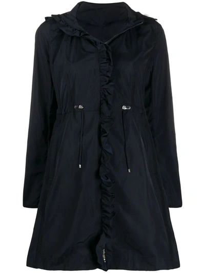 Moncler Ruffle Trim Parka Coat In Blue