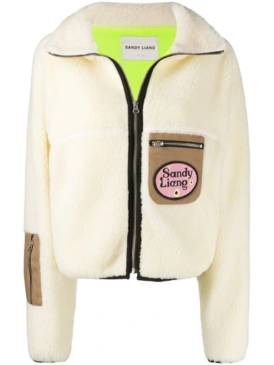 Sandy Liang Contrast Pockets Shearling Jacket In Cream