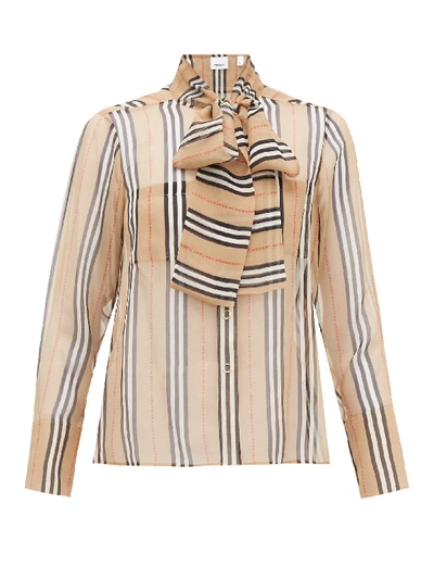 Burberry Amelie Icon-stripe Silk-georgette Blouse In Brown