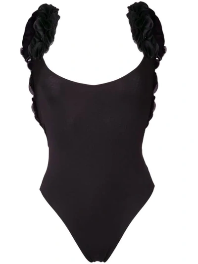 La Reveche Nabila 3d Floral Straps Swimsuit In Black