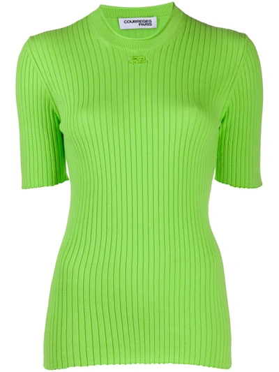 Courrèges Ribbed Short-sleeved Knitted Top In Green