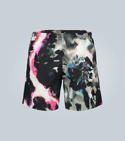 Alexander Mcqueen Floral Printed Gabardine Swim Shorts In Graphite/pink