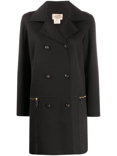 Pre-owned Hermes 1990s  Thigh-length Double-breasted Coat In Black