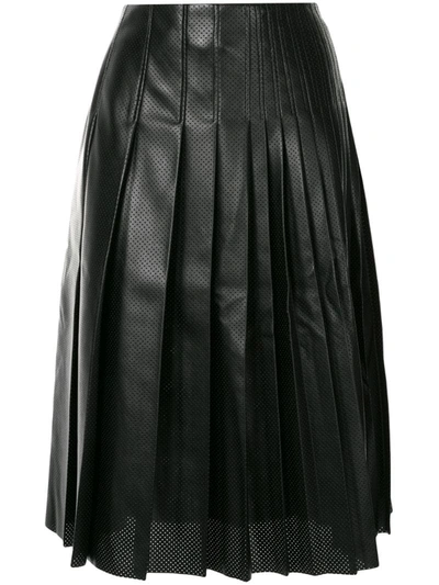 Cedric Charlier Pleated Perforated Faux Leather Midi Skirt In Black