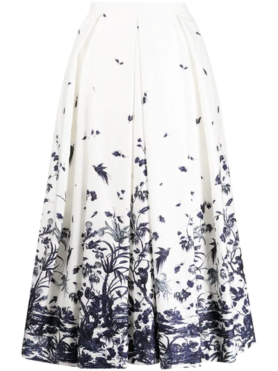 Erdem Elena Floral Graphic Print Midi Skirt In White/ Blue
